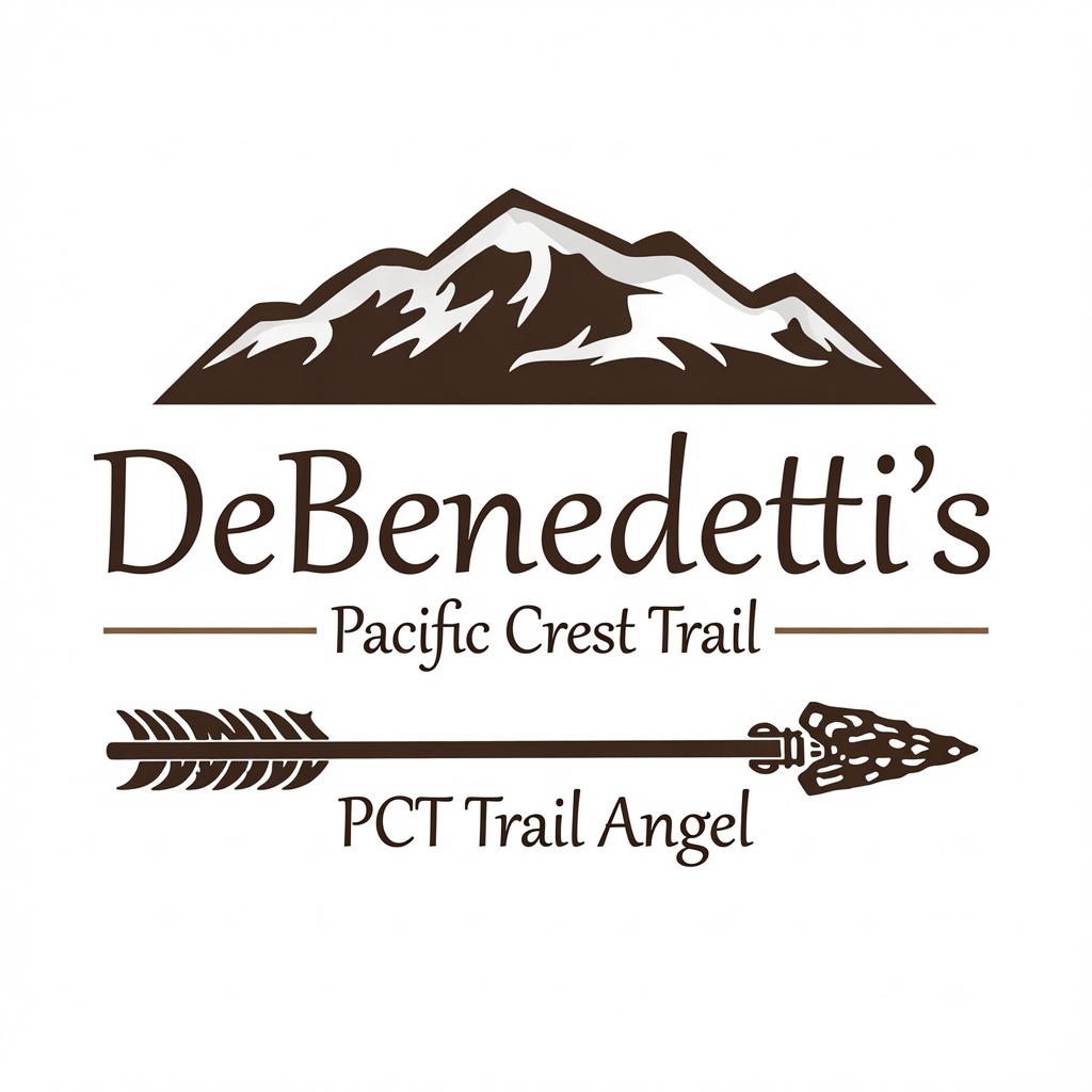 DeBenedetti's Pacific Crest Trail — PCT Trail Angel logo with mountain range and arrow